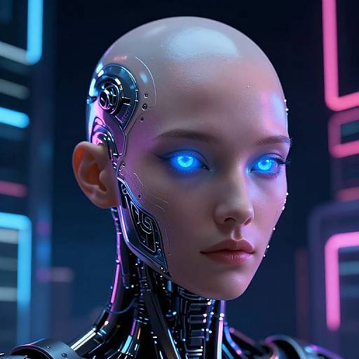 CGI image of a bald, pale-skinned female android with glowing blue eyes, cybernetic features, and neon-lit background.