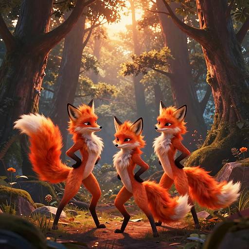 Digital illustration of three anthropomorphic red foxes with vibrant orange fur and white chests, standing confidently in a sunlit forest with tall trees and glowing sunlight