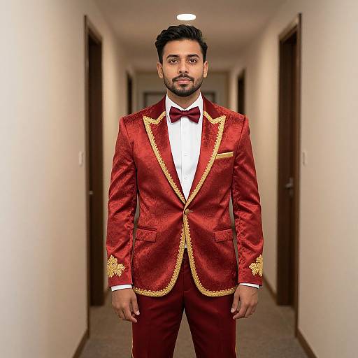 Photograph of a handsome man with medium skin tone and dark hair, wearing a red velvet suit with gold trim, white shirt, and red bow tie