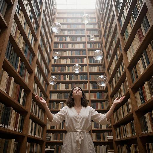 Photograph of a woman in a white dress, arms raised, surrounded by floating bubbles, in a tall, narrow library aisle.