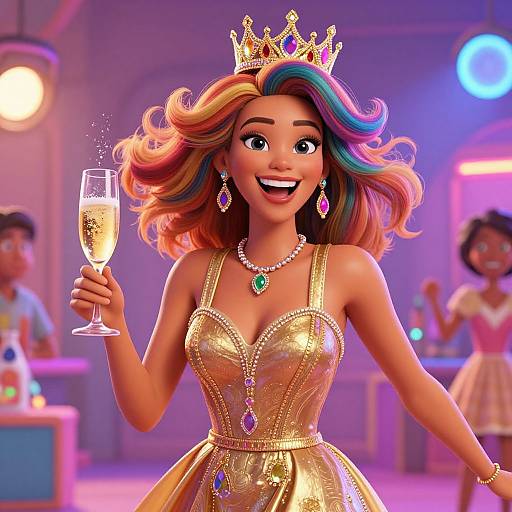 Digital illustration of a smiling, multicolored-haired princess in a gold dress and crown, holding a champagne flute, with colorful earrings and necklace, in