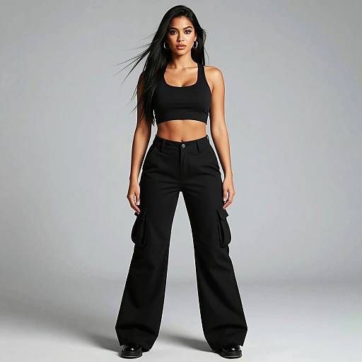 Confident woman in black streetwear outfit