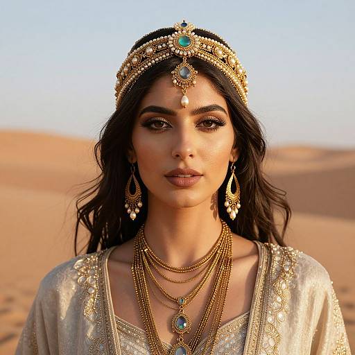 Photograph of an Indian woman with long black hair, wearing ornate gold jewelry, a turquoise headpiece, and a silver embroidered outfit, standing in