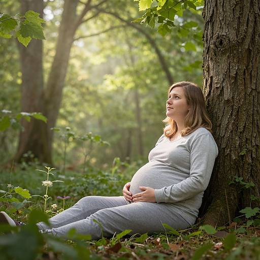 Photograph of a pregnant woman with light brown hair, wearing a gray long-sleeve top and pants, leaning against a tree in a sunlit
