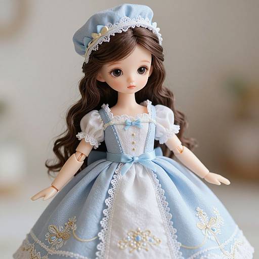 Photograph of a delicate porcelain doll with long brown hair, wearing a light blue bonnet and dress with white lace and gold embroidery, standing against a