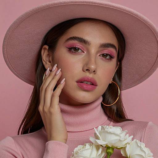 Fashionable woman in pink hat with white flowers