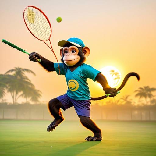 Monkey Playing Badminton at Sunset
