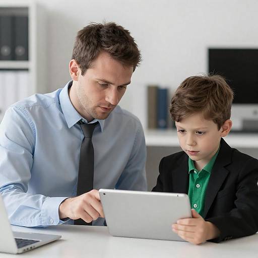 Focused Father and Son in Office Scene