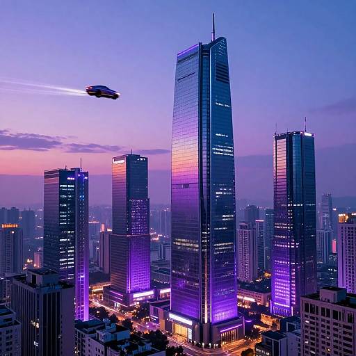 Photograph of a futuristic cityscape at dusk, featuring towering, purple-lit skyscrapers with a flying car in the sky.