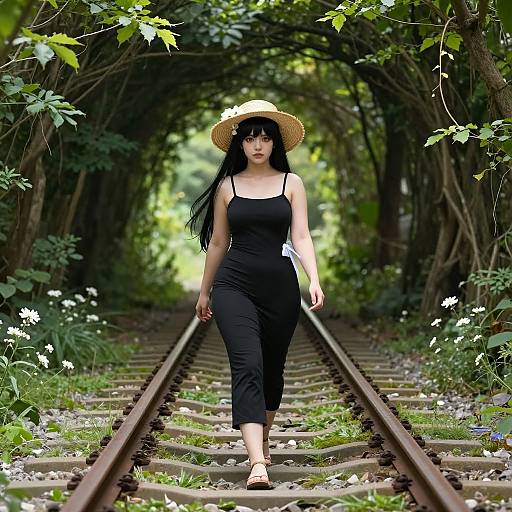 Photograph of a young woman with long black hair, wearing a black dress, straw hat, and sandals, walking down a sunlit, leafy