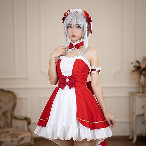 Digital CGI of a young woman with silver hair in a red and white maid outfit with bows, standing in a vintage-style room.