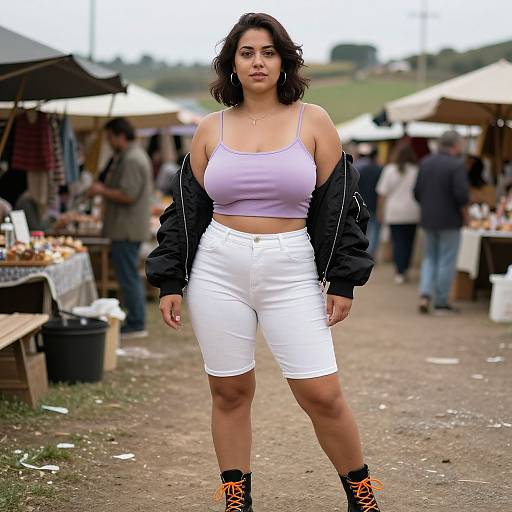 Photograph of a curvy woman with dark hair, wearing a pink tank top, white shorts, black jacket, and orange sneakers, walking through a