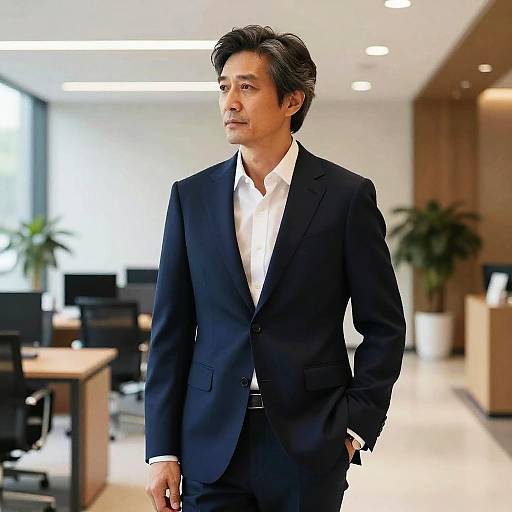 Photograph of a middle-aged man with dark hair in a black suit and white shirt, walking in a modern, brightly-lit office.
