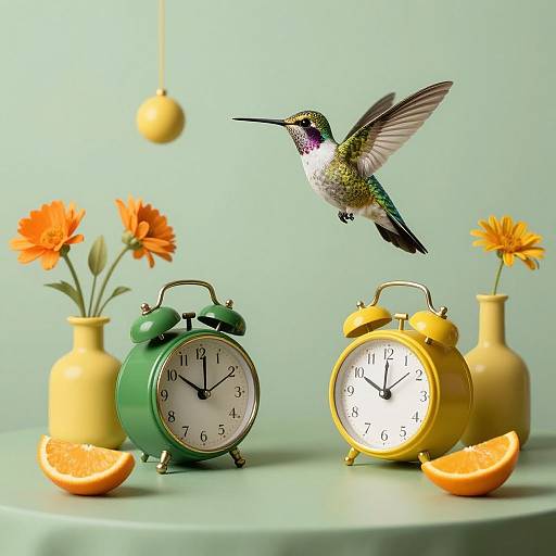 Photograph of a colorful scene: iridescent hummingbird hovering above two vintage alarm clocks and two vases with orange flowers, with sliced oranges on