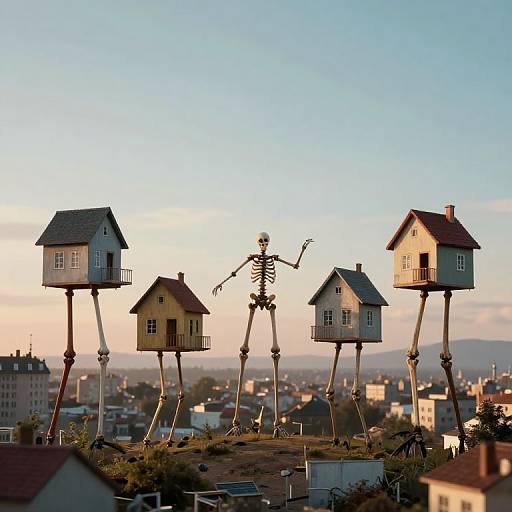 Photograph of a city skyline at sunset, featuring four skeletal figures standing on stilts, resembling houses, with a clear blue sky.