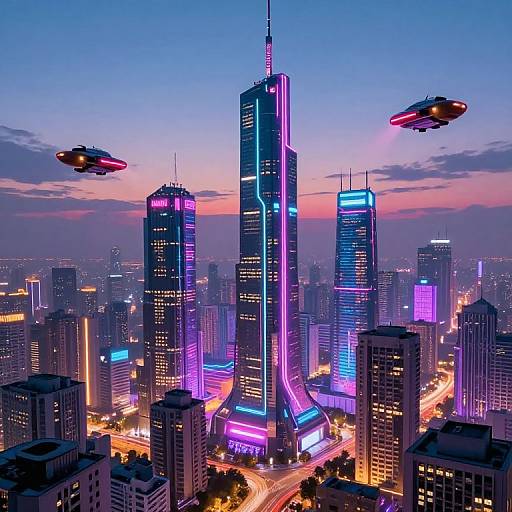 Digital art of a neon-lit futuristic cityscape at dusk, featuring towering skyscrapers with vibrant blue and pink lights, and hovering UFO-like objects