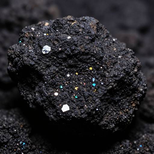 Close-up photograph of a glittering, textured black rock with numerous small, colorful flecks of white, yellow, and blue.