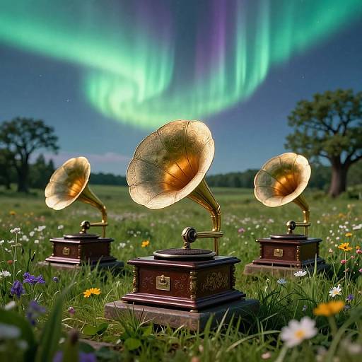 Photograph of three vintage brass gramophones in a grassy field with colorful wildflowers, illuminated by vibrant green and purple Northern Lights in a night