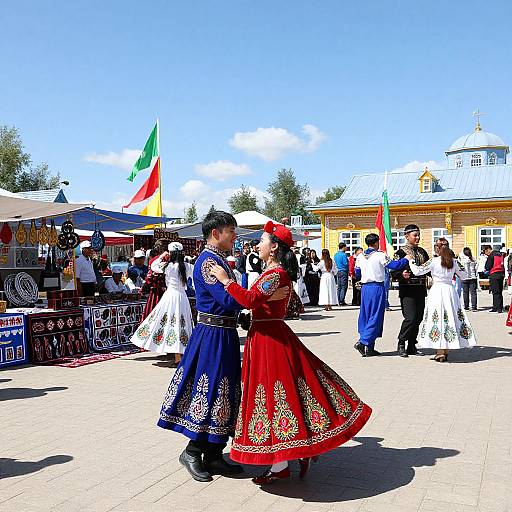 Colorful photograph of a traditional dance at a sunny outdoor market, featuring a couple in vibrant red and blue embroidered folk costumes, surrounded by other dancers and