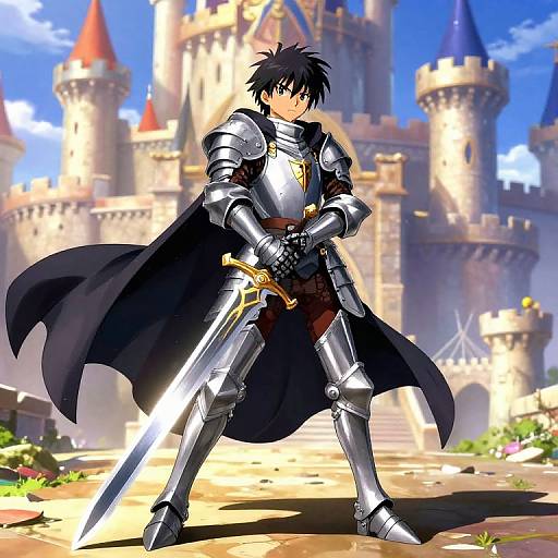 Anime-style drawing of a black-haired knight in silver armor with a black cape, holding a sword, standing before a grand castle. Bright blue sky and