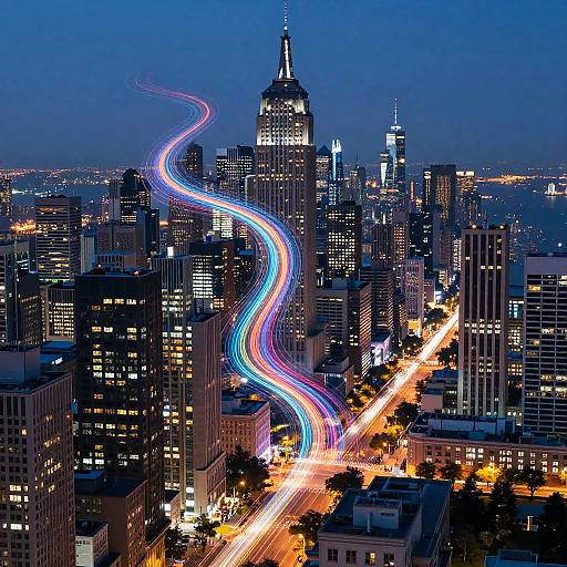 Photograph of a cityscape at night, featuring a long-exposure light trail from a curving road, illuminated skyscrapers, and vibrant blue