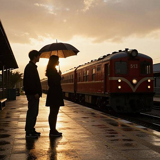 Silhouetted couple holding umbrella at sunset, standing on wet train platform, with red train numbered 513 in background. Photographic image.