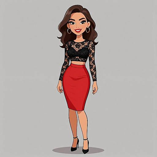 Cartoon woman with wavy brown hair, wearing black lace top, red pencil skirt, black high heels, and hoop earrings, smiling confidently.
