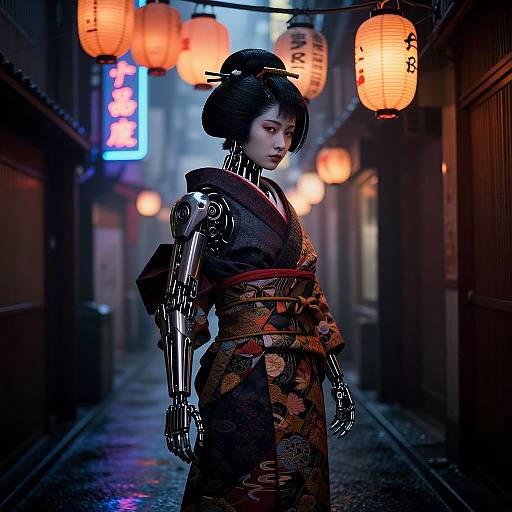 Photograph of a cybernetic geisha in a traditional Japanese kimono, standing in a dimly lit, neon-lit alley with glowing paper