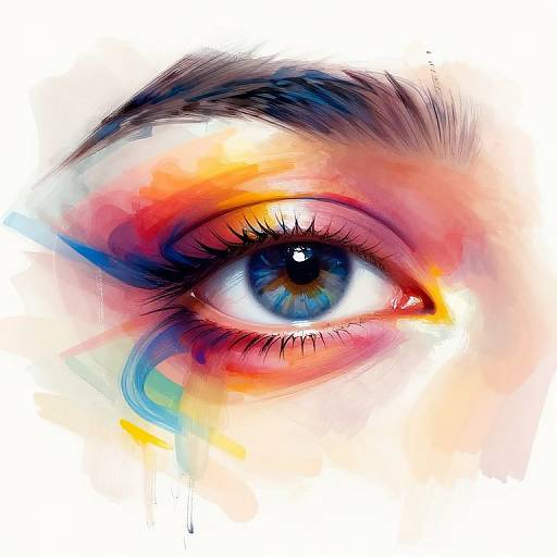 Vibrant digital artwork of a blue-eyed, realistic eye with colorful, abstract paint splashes blending reds, blues, and yellows on a