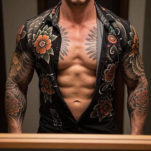 Photograph of a muscular, tattooed man with fair skin wearing an open, black floral shirt revealing his defined abs and chest.