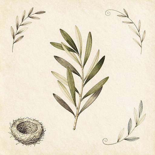 Muted Olive Branch Vintage Botanical Plate