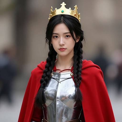 Photorealistic digital portrait of an East Asian woman with black braided hair, wearing a gold crown, red cloak, and silver armor, standing in