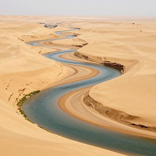Aerial photograph of a winding blue river cutting through vast, sandy desert landscape with gentle slopes and minimal vegetation.