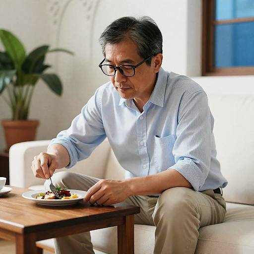 Focused Man Dining in Bright Living Room