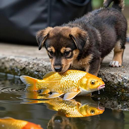 Puppy Playing with Goldfish by Pond