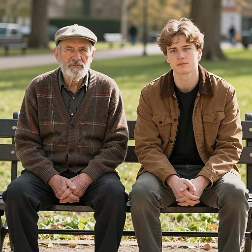 Elderly and Young Man Sitting on Park Bench