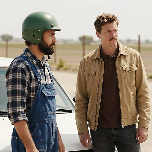 Two Men Beside a White Car