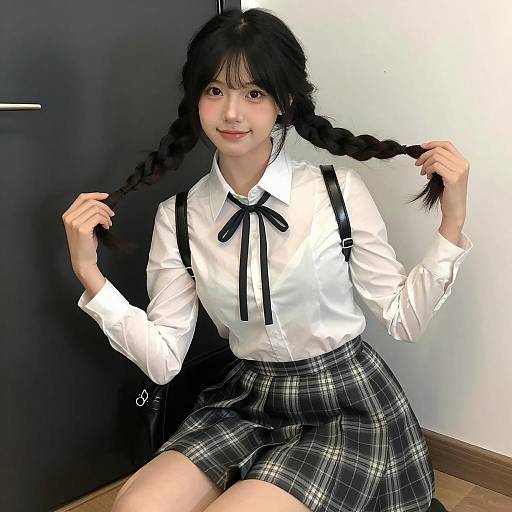 Asian Woman in Plaid Skirt and White Shirt