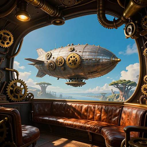 Steampunk-style airship with brass gears hovering outside a leather-upholstered, vintage-looking cabin with a curved window and blue sky background.