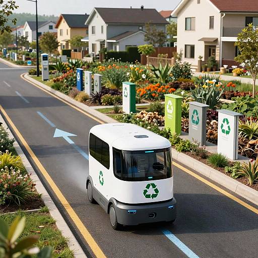 Photograph of a white electric recycling van with green recycling symbol, driving on a suburban street with colorful gardens and houses.