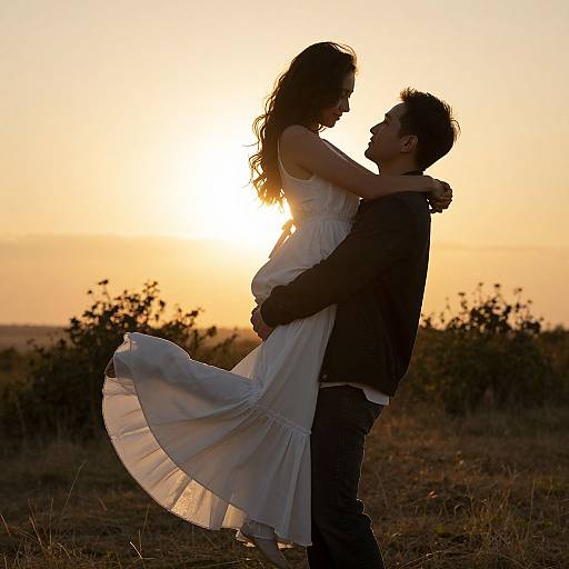 Silhouetted couple dancing at sunset; woman in white dress, man in black jacket, sun behind them, golden sky, romantic, outdoor field