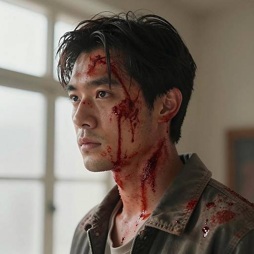 Intense Portrait of a Bloodied Man