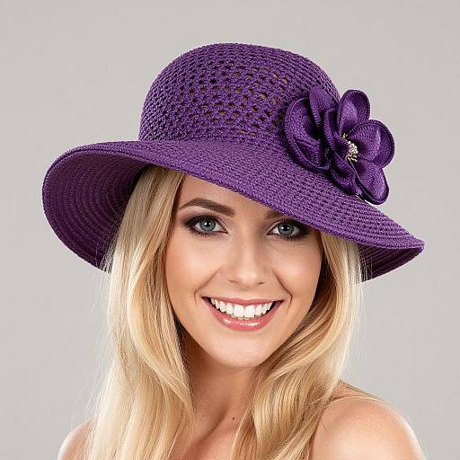 Photograph of a smiling blonde woman with blue eyes, wearing a purple, crocheted hat adorned with a dark purple flower, against a plain white