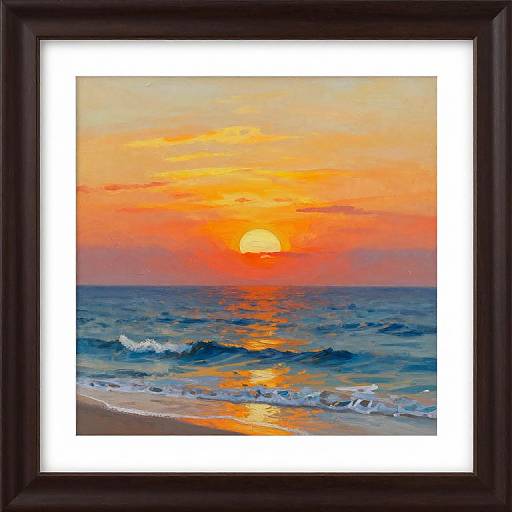 Photograph of a vibrant sunset over the ocean, framed in a black wooden frame, featuring orange and yellow sky, blue waves, and a bright sun