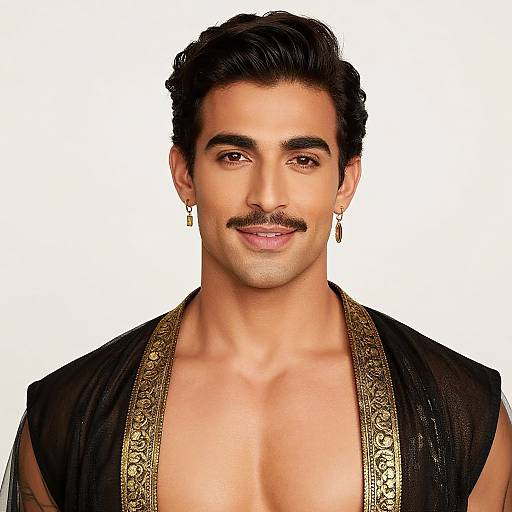 Photorealistic portrait of a handsome, dark-haired man with a mustache, wearing a black, ornately-gold-trimmed robe, white