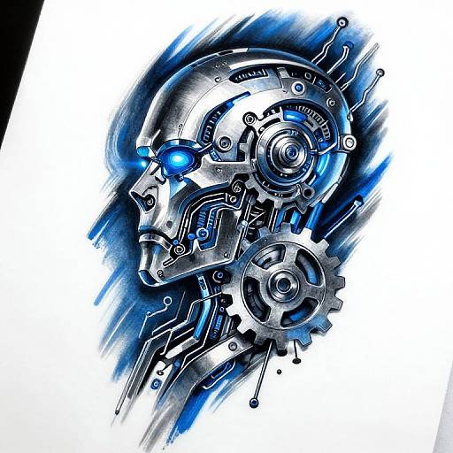 Digital art of a futuristic, metallic head with blue glowing eyes and gears, against a dynamic white and blue background.