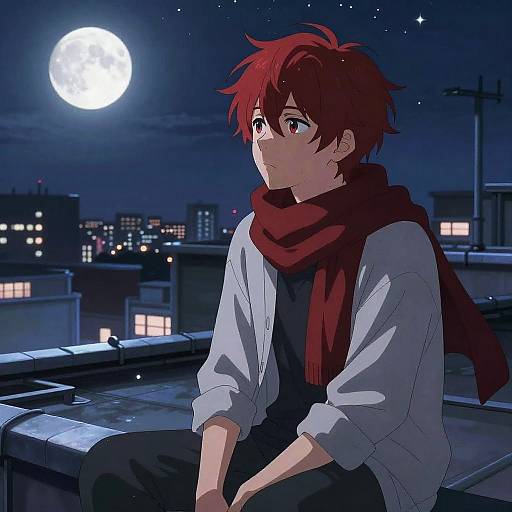 Anime-style digital drawing of a red-haired boy with a red scarf, sitting on a rooftop at night, gazing at a full moon in a star