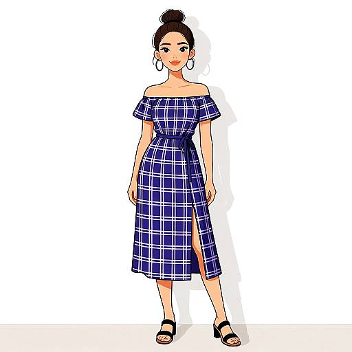 Woman in Navy Blue Plaid Off-Shoulder Dress