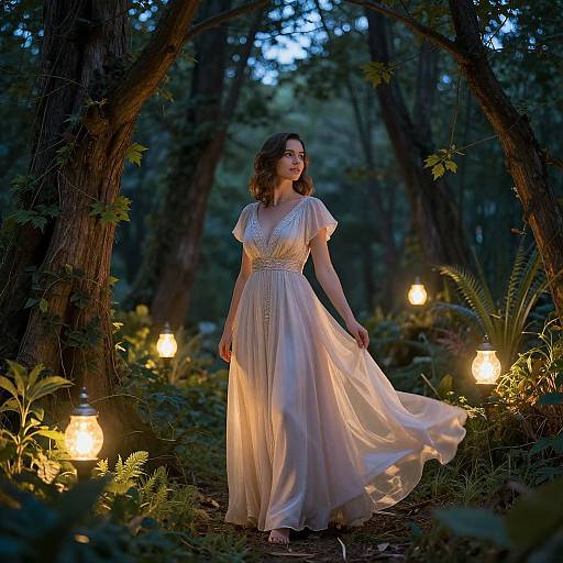 Photograph of a fair-skinned woman with wavy brown hair in a flowing white gown, standing in a dimly lit forest, surrounded by glowing