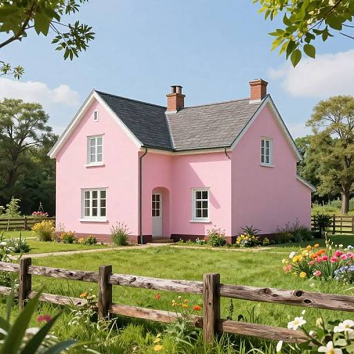 Photograph of a charming, pink, two-story cottage with a gray shingle roof, surrounded by a lush garden, colorful flowers, and a wooden